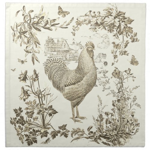 Rustic Vintage Rooster Beige Floral Toile  Cloth Napkin