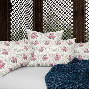 Rustic Vintage Rose Pattern Monogram I Custom Text Pillow Case