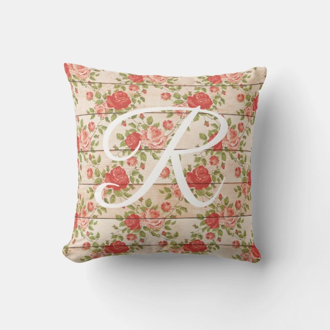 Rustic Vintage Roses Monogram Throw Pillow (Front)