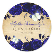 Rustic Vintage Royal Blue Floral Butterfly  Classic Round Sticker