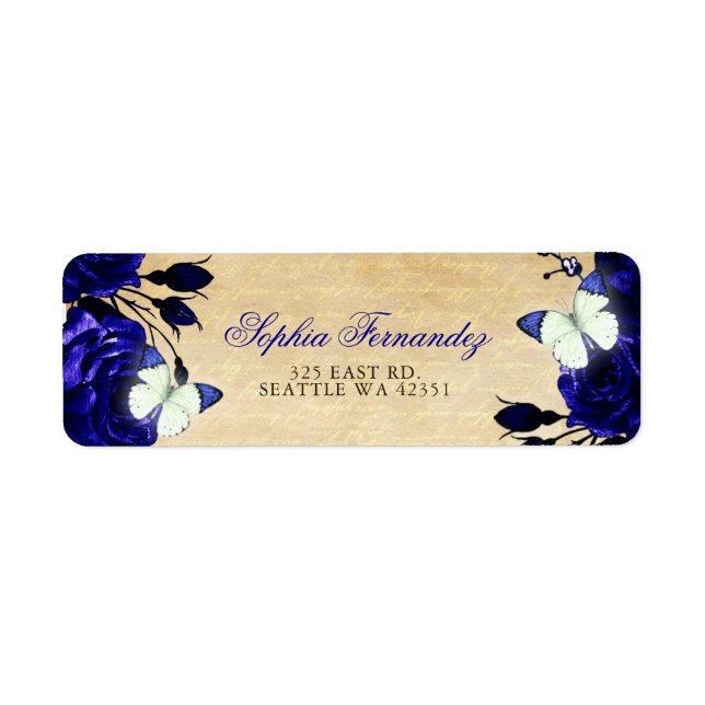 Rustic Vintage Royal Blue Floral Butterfly  Label (Front)