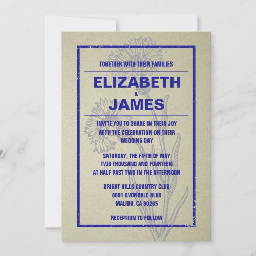 Rustic Vintage Royal Blue Wedding Invitations