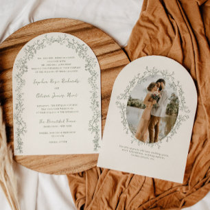 Rustic Vintage Sage Floral Line Art Arch Wedding Invitation