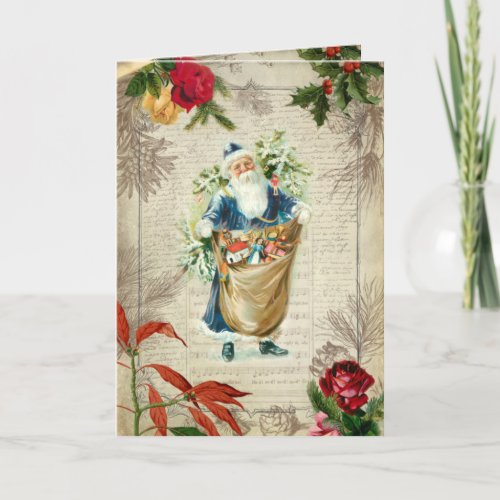 Rustic Vintage Santa wFlowers Pine  Music Holiday Card