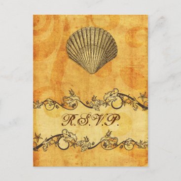 rustic, vintage ,seashell  beach wedding rsvp invitation postcard