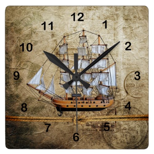 Rustic Vintage Ship Design with Knotted Rope Square Wall Clock