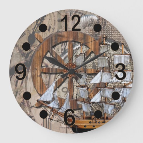 Rustic Vintage Ship of Time Large Clock