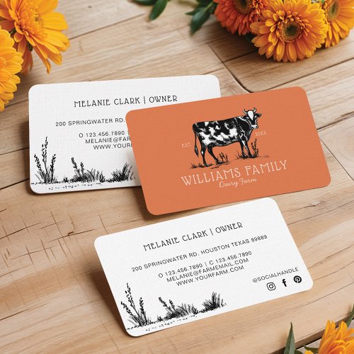 Rustic Vintage Sketch Farm Dairy Cow Burnt Orange Business Card