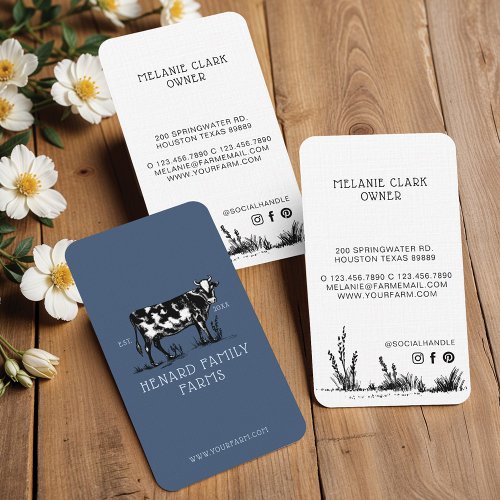 Rustic Vintage Sketch Farm Dairy Cow Dusty Blue Business Card