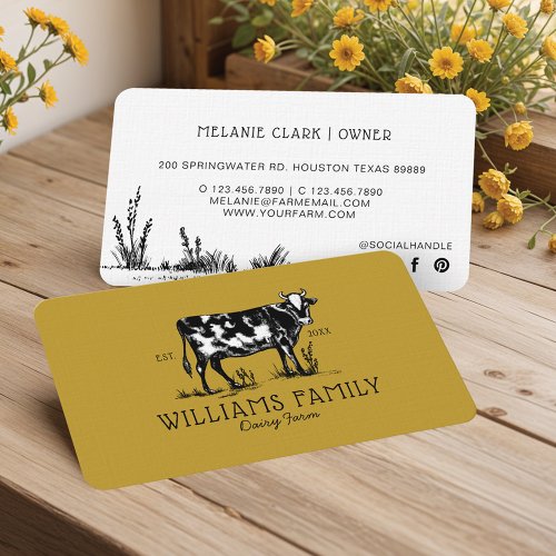 Rustic Vintage Sketch Farm Dairy Cow Golden Yellow Business Card
