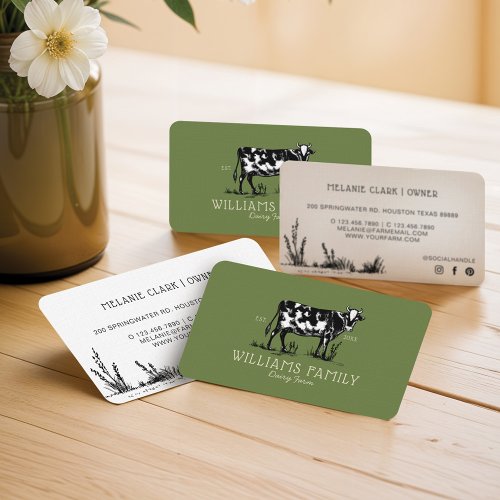 Rustic Vintage Sketch Farm Dairy Cow Olive Green Business Card