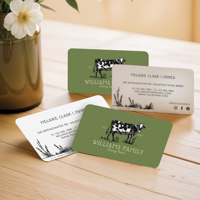 Rustic Vintage Sketch Farm Dairy Cow Olive Green Business Card (Rustic Vintage Sketch Farm Dairy Cow Olive Green Business Card)