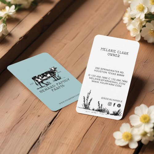 Rustic Vintage Sketch Farm Dairy Cow Pale Blue Business Card