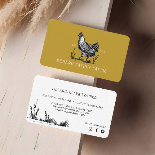 Rustic Vintage Sketch Farm Hen Mustard Gold Yellow Business Card