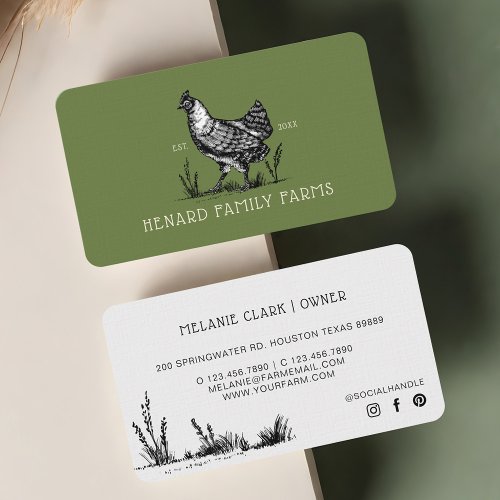 Rustic Vintage Sketch Farm Hen Olive Green Business Card