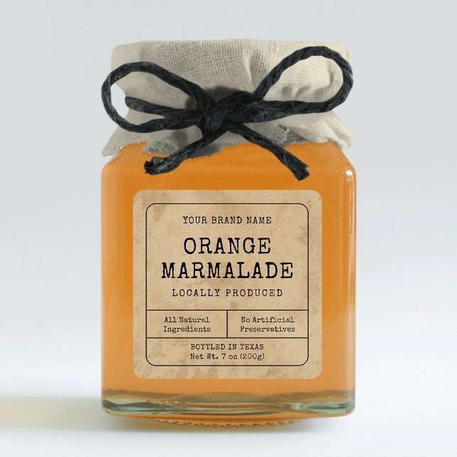 Rustic Vintage Small Honey Jam Jar Square Label (Rustic brown paper effect small square jar labels with vintage fonts & minimalist layout)