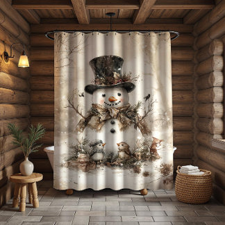 Rustic Vintage Snowman Birds Winter Scene |  Shower Curtain