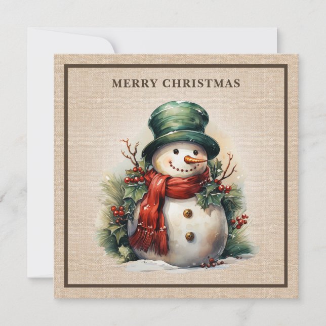 Rustic Vintage Snowman Holly Berries Burlap Holiday Card (Front)