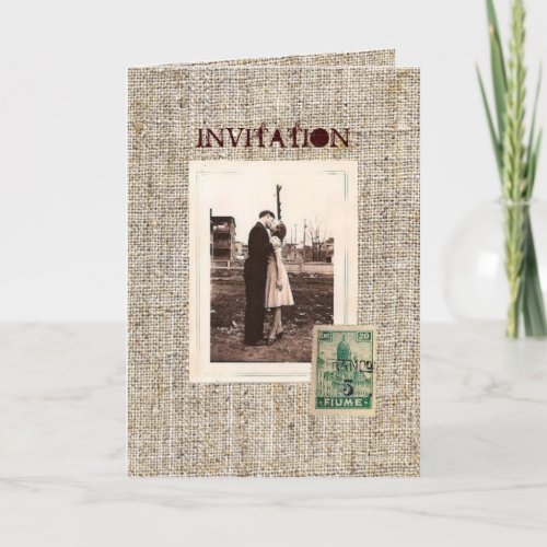 Rustic vintage stamps burlap country Wedding Holiday Card