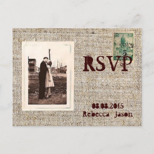 Rustic vintage stamps burlap country Wedding RSVP Invitation Postcard