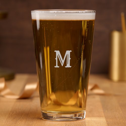 Rustic Vintage Style Elegant Etched Monogram Beer Pint Glass