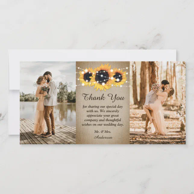 Rustic Vintage Sunflower Burlap Wedding Photo Thank You Card | Zazzle