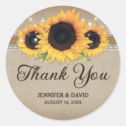 Rustic Vintage Sunflower Wedding Thank You Classic Round Sticker