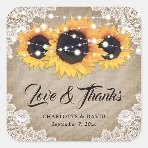 Rustic Vintage Sunflower Wedding Thank You Favor Square Sticker