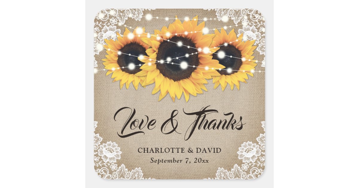 Rustic Vintage Sunflower Wedding Thank You Favor Square Sticker | Zazzle