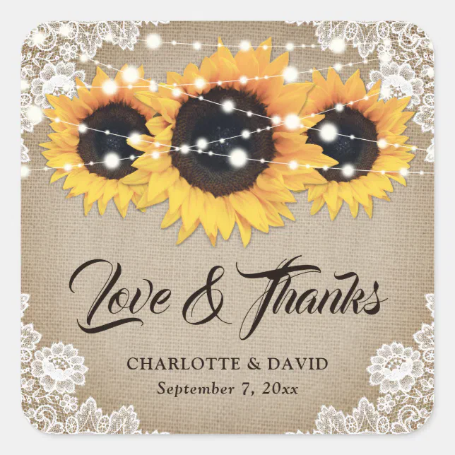 Rustic Vintage Sunflower Wedding Thank You Favor Square Sticker | Zazzle