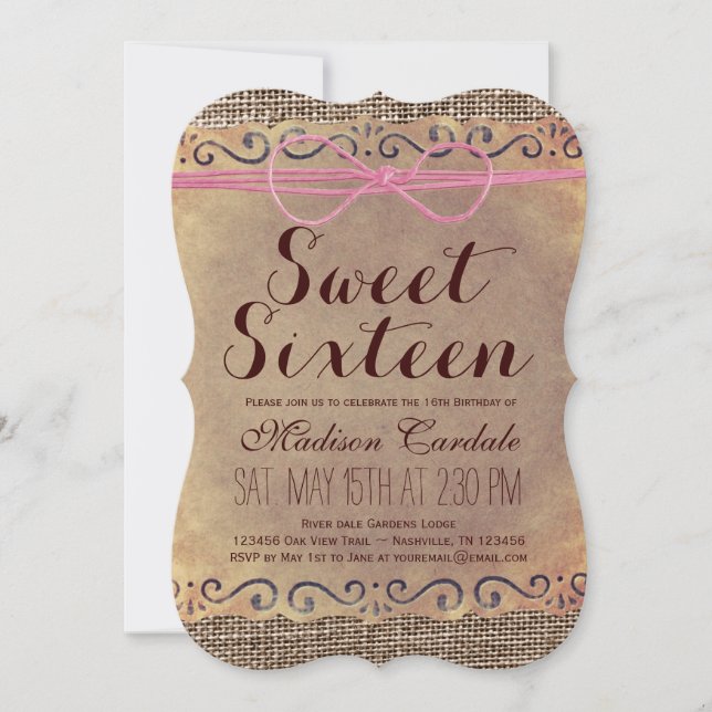 Rustic Vintage Sweet Sixteen Birthday Invitations (Front)