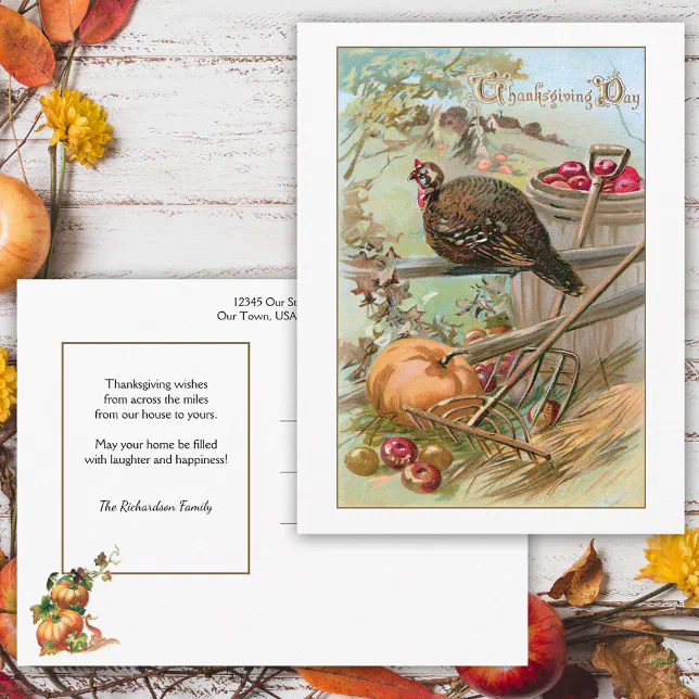 Rustic Vintage Thanksgiving Turkey & Pumpkin Postcard | Zazzle