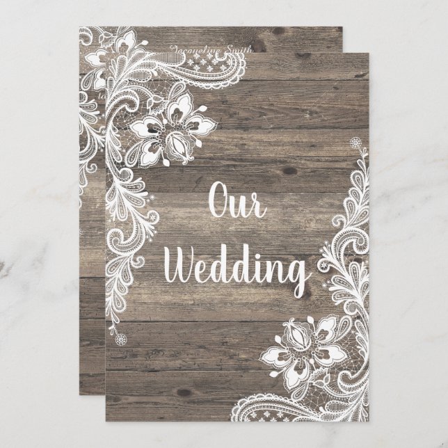 Rustic Vintage Timber White Lace Wedding Invitation (Front/Back)