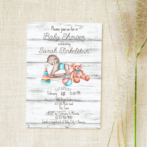 Rustic vintage toys white wood baby shower invitation