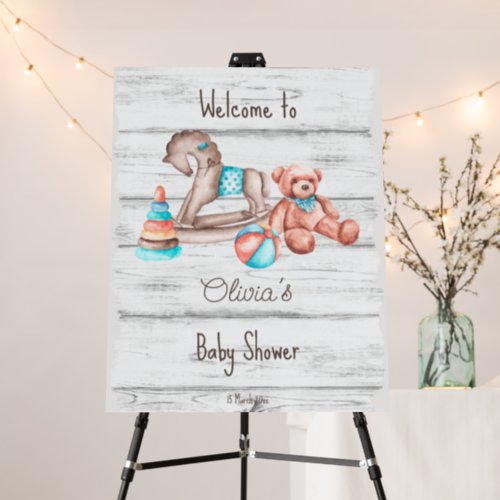 Rustic vintage toys white wood baby shower welcome foam board