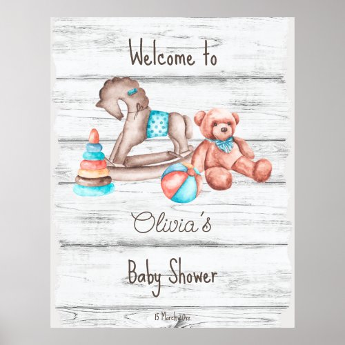 Rustic vintage toys white wood baby shower welcome poster