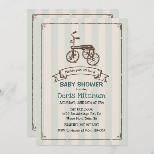 Rustic Vintage Tricycle Boy Baby Shower Invitation