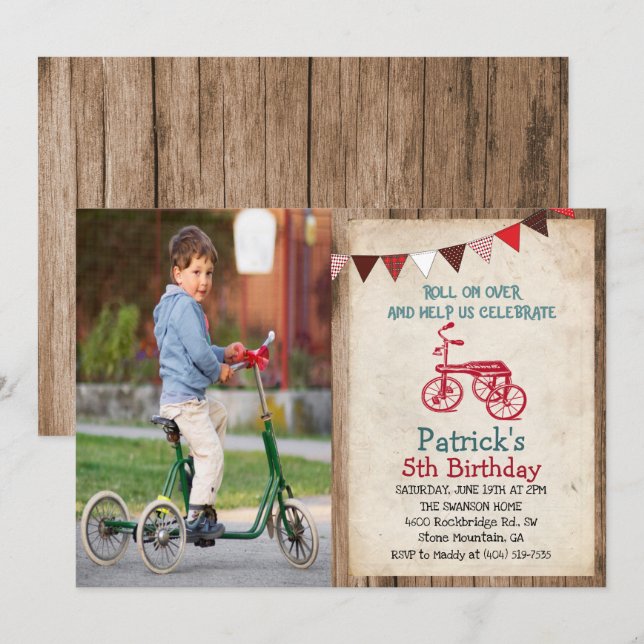 Rustic Vintage Tricycle Boy Birthday Invitation (Front/Back)