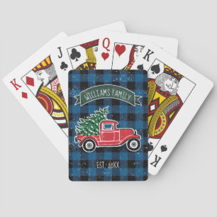 Rustic Vintage Truck Blue Buffalo Plaid Holiday Poker Cards