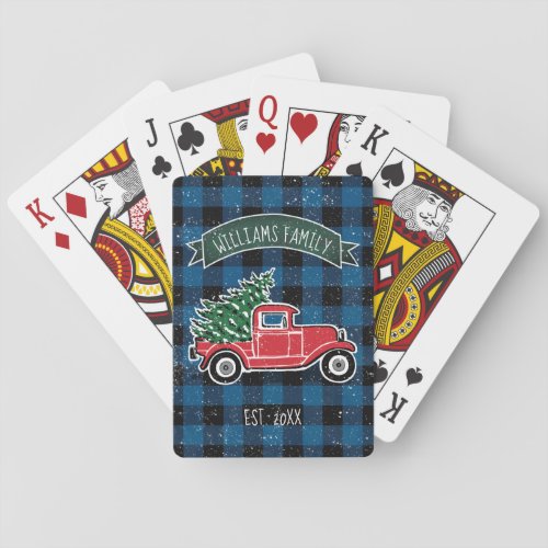 Rustic Vintage Truck Blue Buffalo Plaid Holiday Poker Cards