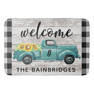 Rustic Vintage Truck Buffalo Check Family Name Do Bath Mat