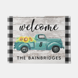 Rustic Vintage Truck Buffalo Check Family Name  Doormat