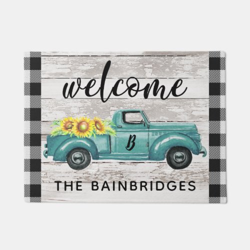Rustic Vintage Truck Buffalo Check Family Name  Doormat