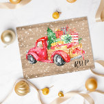 Rustic Vintage Truck | Christmas Holiday RSVP Invitation Postcard<br><div class="desc">Vintage christmas winter rsvp postcards featuring a rustic wooden background,  a retro red truck carrying a christmas tree,  holiday gifts,  a scattering of snow,  and a xmas holiday response template.</div>