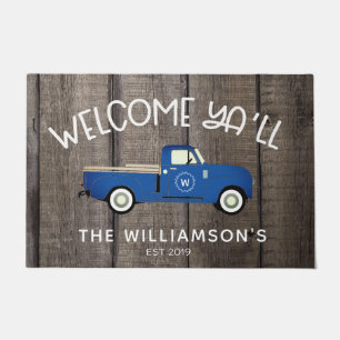 Rustic Vintage Truck on Barnwood Family Name Doormat