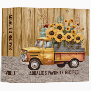 Rustic Vintage Truck Sunflowers Burlap Recipe 3 Ring Binder