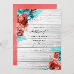 Rustic Vintage Turquoise and Coral Floral Wedding Invitation