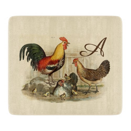 Rustic Vintage Watercolor Colorful Rooster Chicken Cutting Board