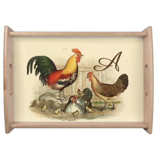 Rustic Vintage Watercolor Colorful Rooster Chicken Serving Tray