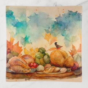 Rustic Vintage Watercolor Fall Pumpkin Harvest Trinket Tray